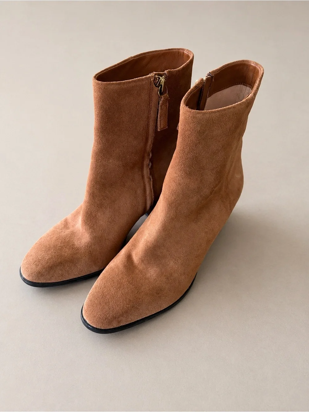 J.Crew Suede Ankle Booties Camel Brown Block Heel Size 8 Leather Lined